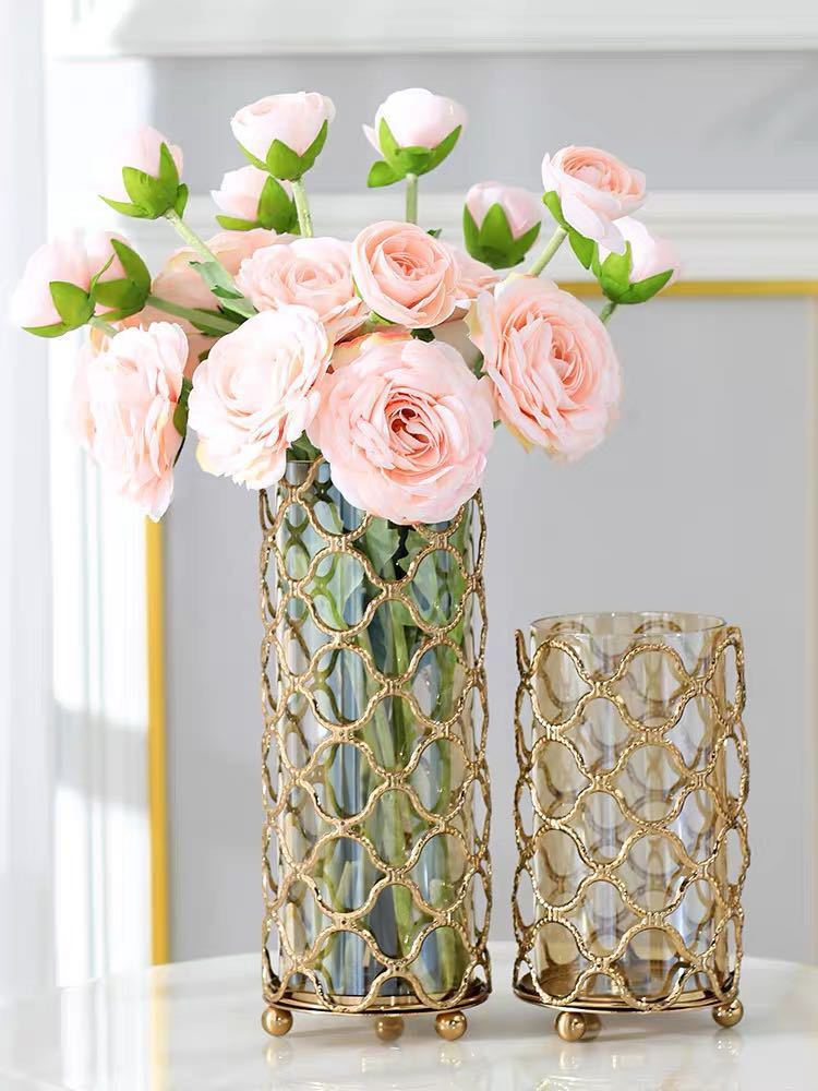 Hollow Out Glass Vase with Golden Metal Frame – Elegant Flower Arrangement & Home Décor