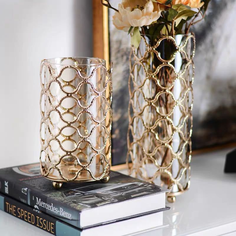 Hollow Out Glass Vase with Golden Metal Frame – Elegant Flower Arrangement & Home Décor