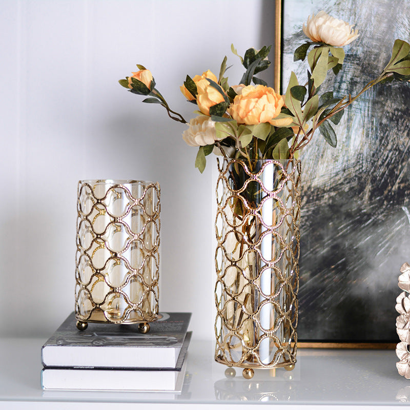 Hollow Out Glass Vase with Golden Metal Frame – Elegant Flower Arrangement & Home Décor